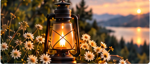A warm lantern surrounded by white flowers
