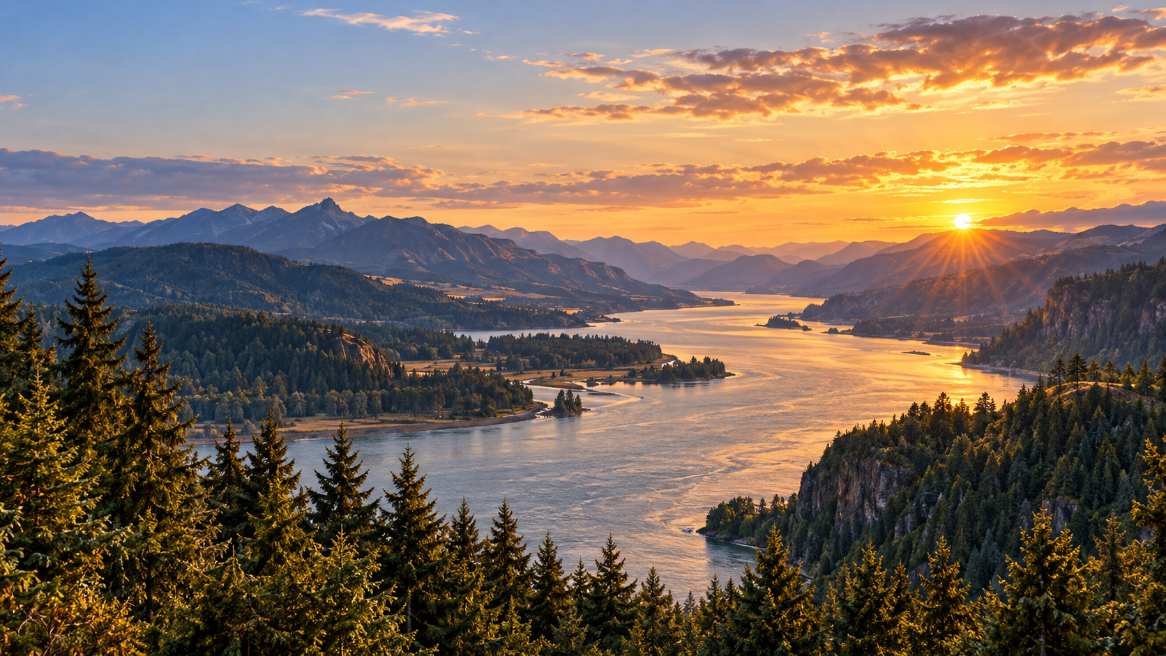 The Columbia River flowing through the Gorge at sunset