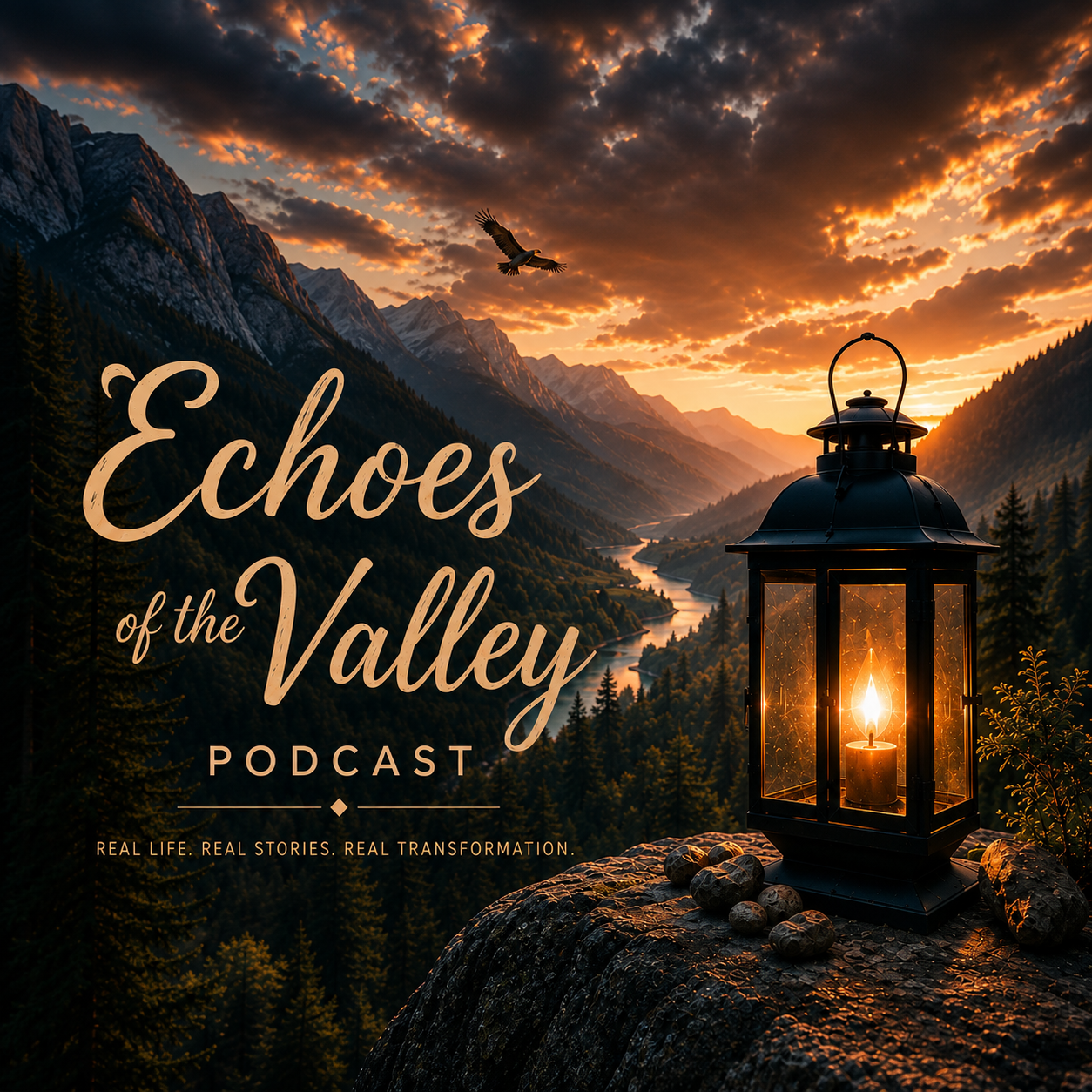 Echoes of the Valley podcast cover: sunset over a mountain valley and river, with a glowing lantern
